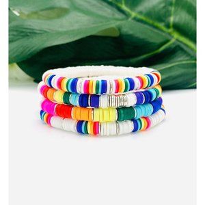Heishi bead stretch bracelets: silver/rainbow